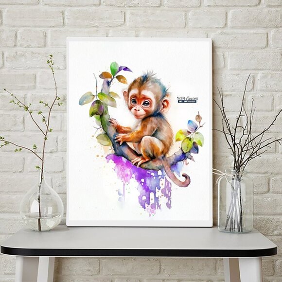 11x14 Monkey Chimpanzee Watercolor Nursery Room Wall Art Oil Painting Print‎ - Picture 8 of 8